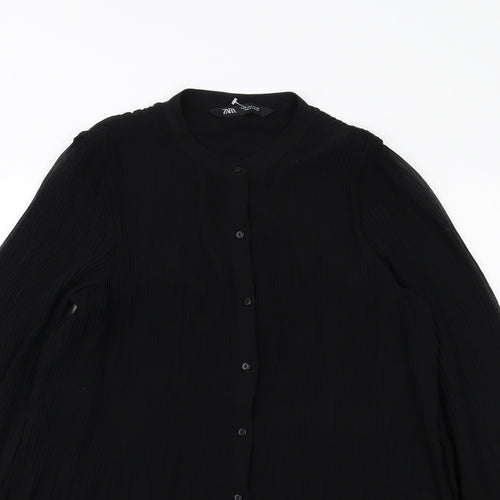 Zara Womens Black Polyester Basic Button-Up Size S Round Neck