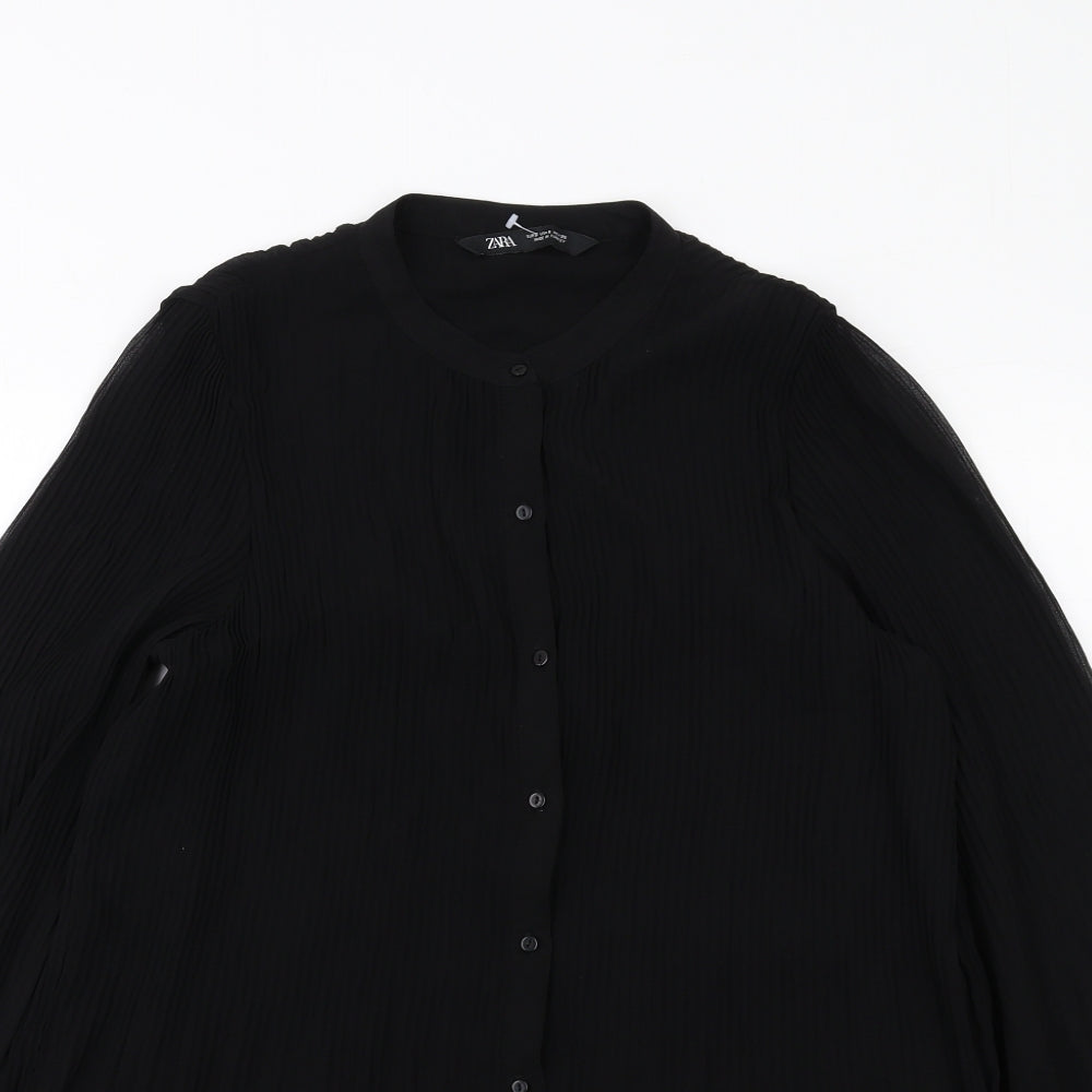 Zara Womens Black Polyester Basic Button-Up Size S Round Neck