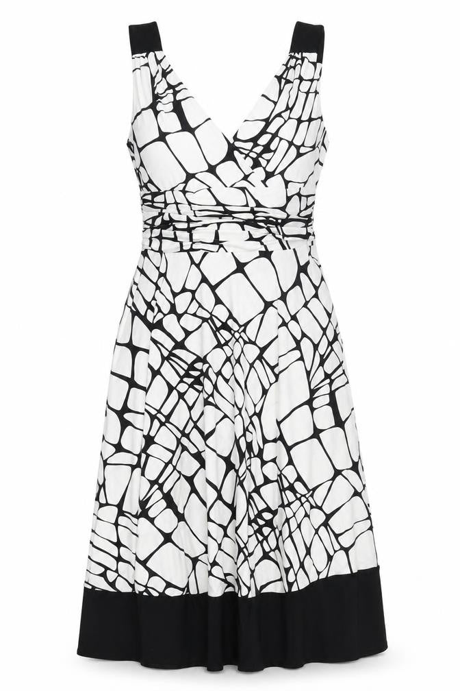Front view of Principles women’s black geometric polyester tank dress, size UK 10, v-neck pullover