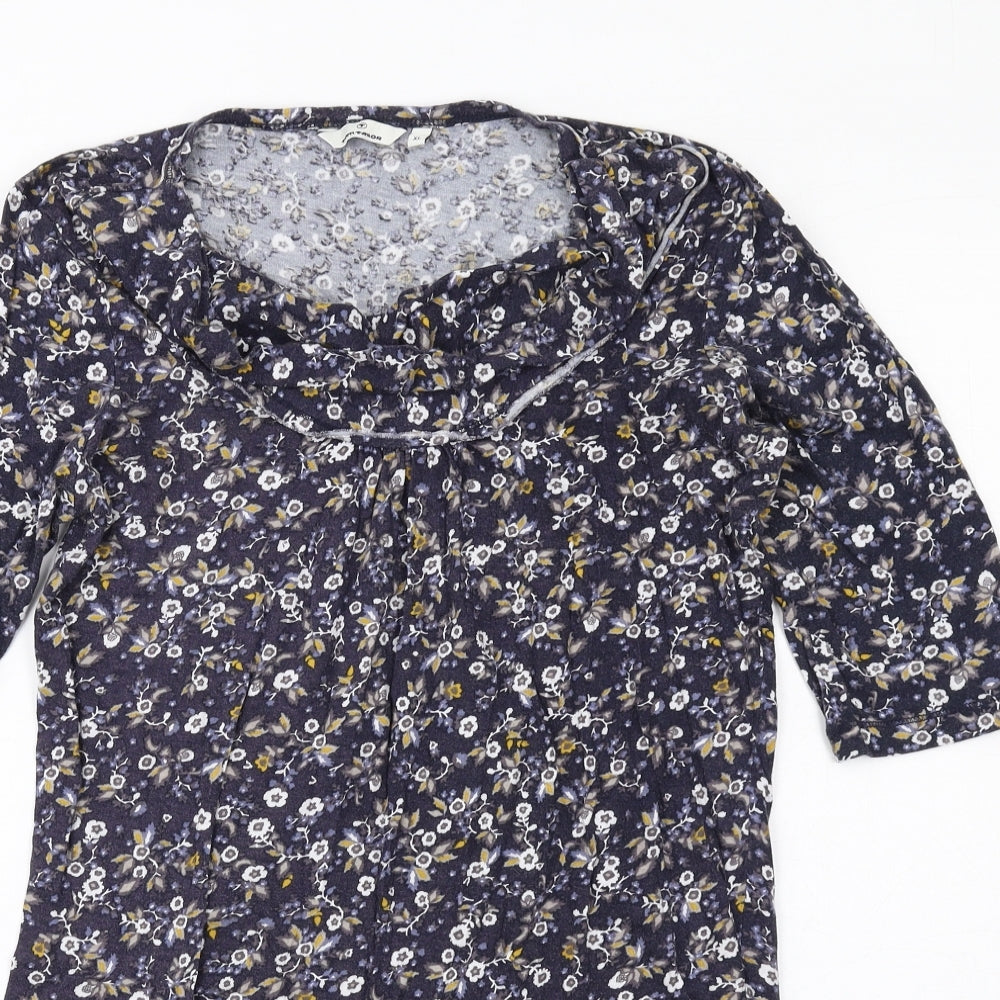TOM TAILOR Womens Blue Floral Cotton Basic T-Shirt Size XL Cowl Neck