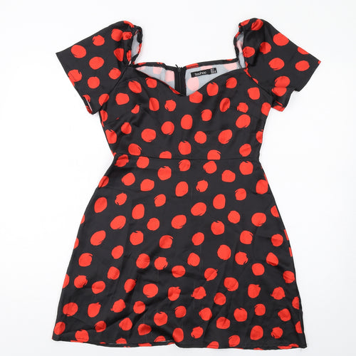 Boohoo Womens Black Polka Dot Polyester A-Line Size 10 V-Neck Zip