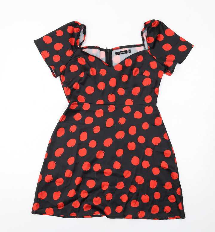 Boohoo Womens Black Polka Dot Polyester A-Line Size 10 V-Neck Zip