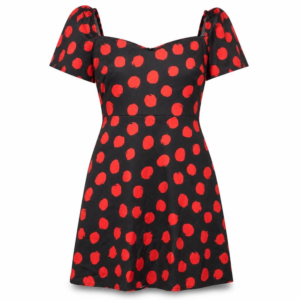 Front view of Boohoo women’s black polka dot polyester a-line, size UK 10, v-neck zip