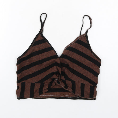 New Look Womens Brown Striped Viscose Cropped T-Shirt Size 12 V-Neck - Twist Front