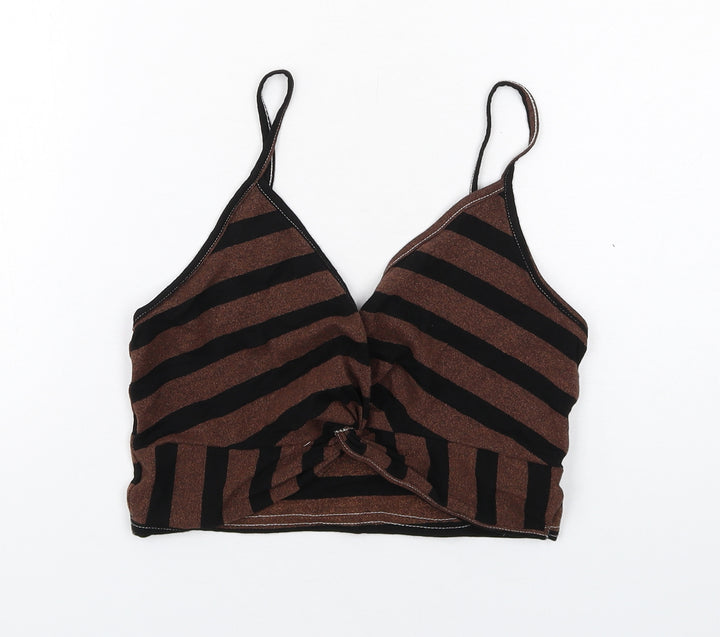 New Look Womens Brown Striped Viscose Cropped T-Shirt Size 12 V-Neck - Twist Front