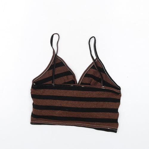 New Look Womens Brown Striped Viscose Cropped T-Shirt Size 12 V-Neck - Twist Front