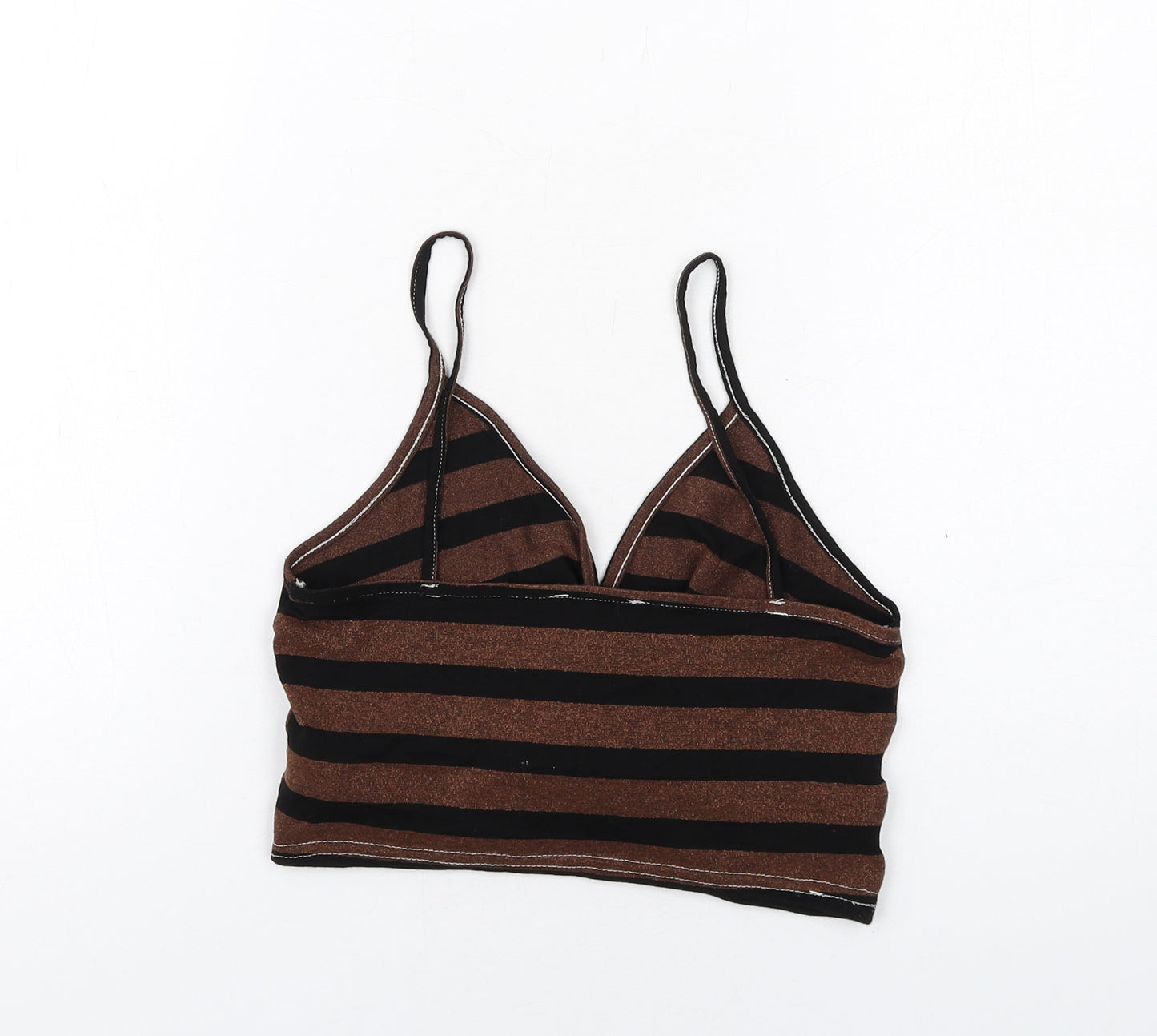 New Look Womens Brown Striped Viscose Cropped T-Shirt Size 12 V-Neck - Twist Front