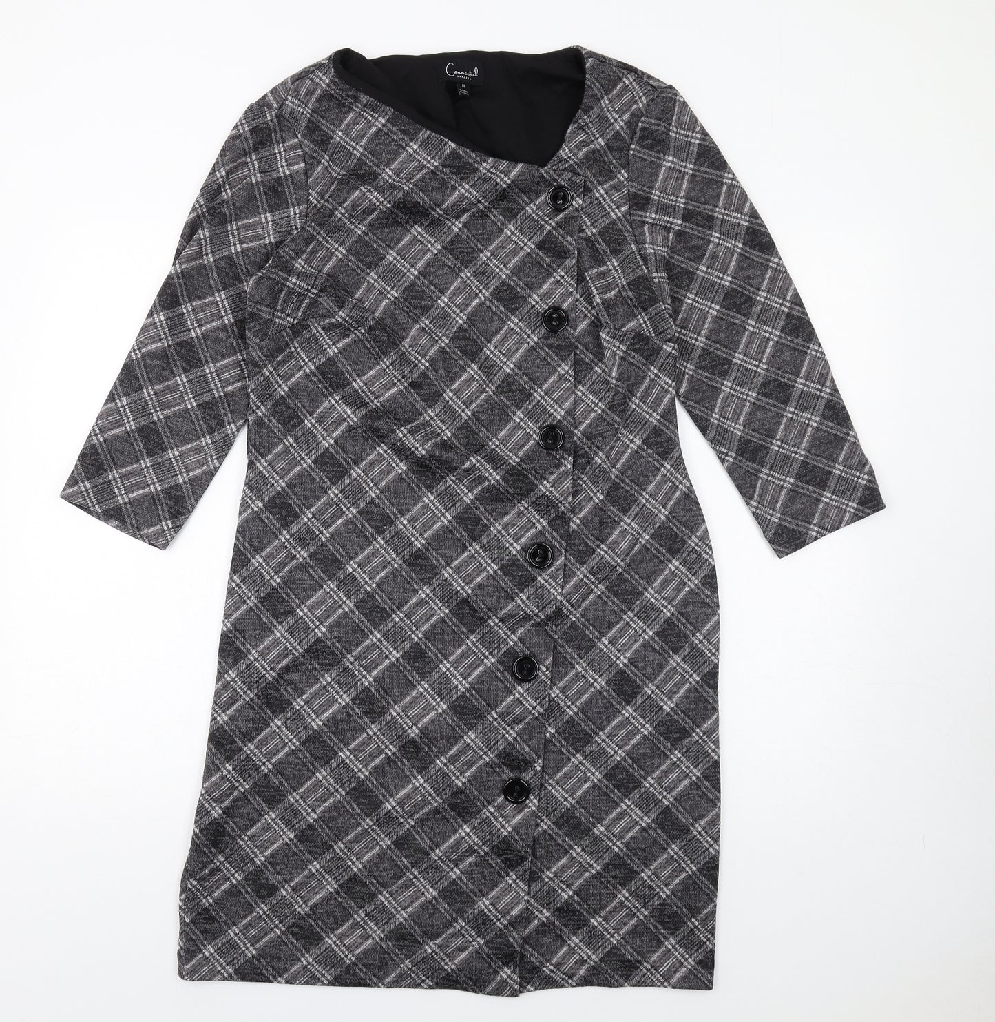 Connected Womens Grey Plaid Polyester Pencil Dress Size 10 Square Neck Pullover