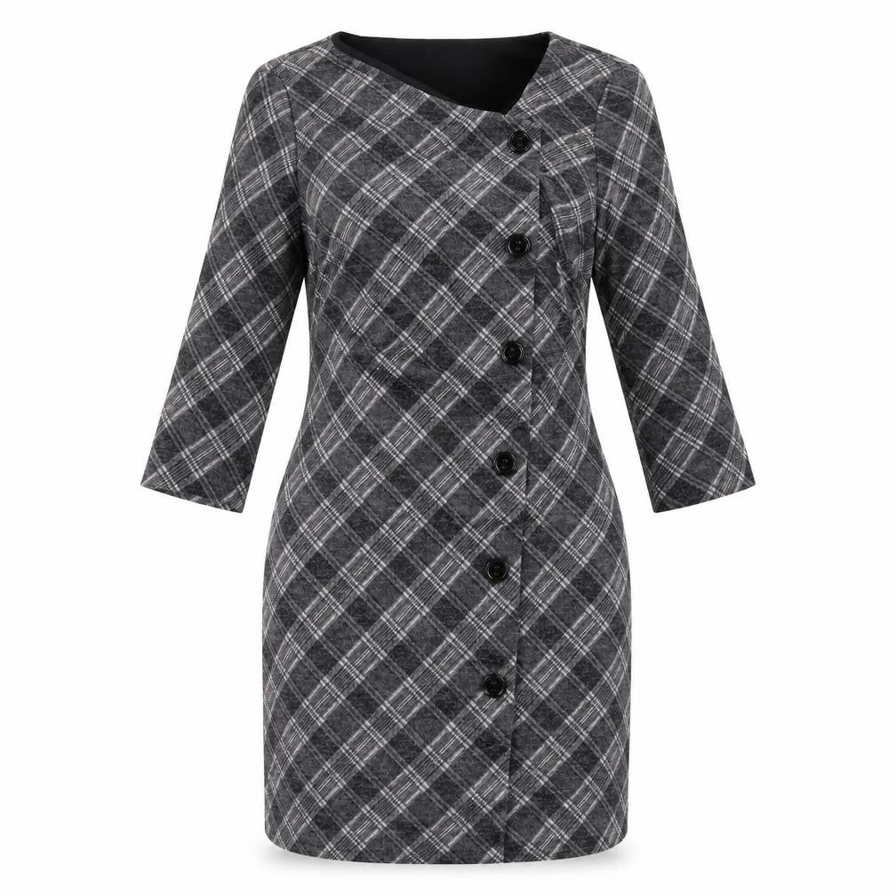 Front view of Connected women’s grey plaid polyester pencil dress, size UK 10, square neck pullover