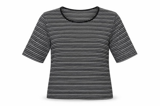 Front view of Viz a Viz women’s black striped polyester basic t-shirt, size UK 14, round neck