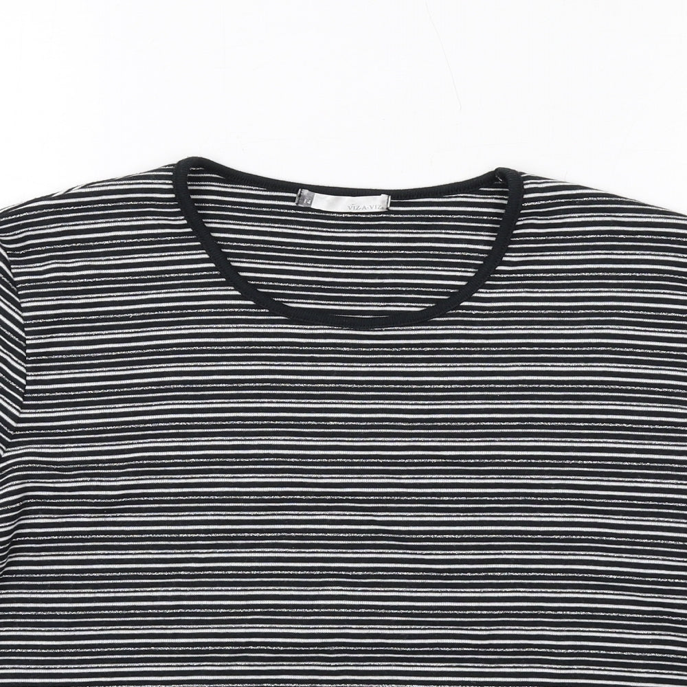 Viz a Viz Womens Black Striped Polyester Basic T-Shirt Size 14 Round Neck