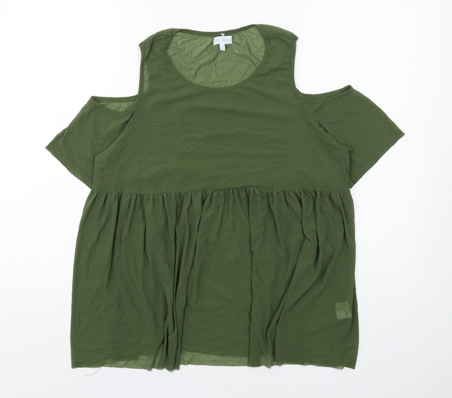 Blue Vanilla Womens Green Nylon Basic T-Shirt Size 10 Round Neck - Cold Shoulder