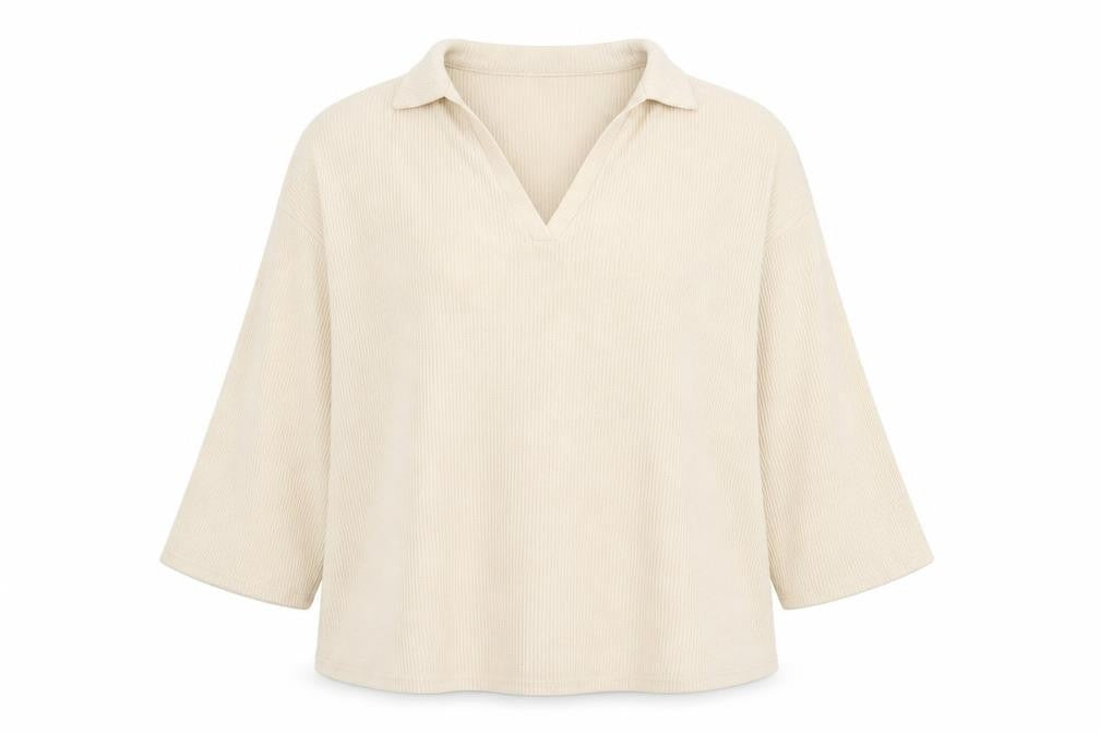 Front view of ASOS women’s beige v-neck herringbone polyester jumper, size UK 12