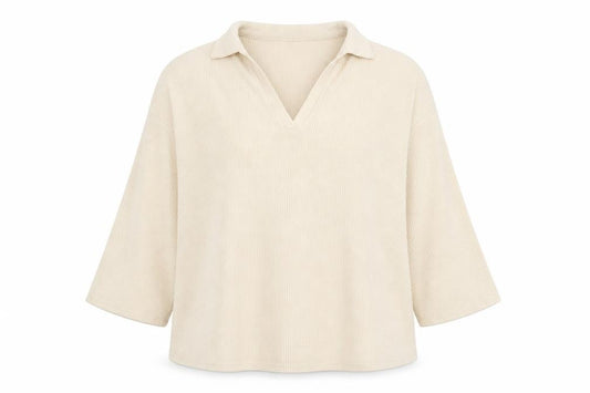 Front view of ASOS women’s beige v-neck herringbone polyester jumper, size UK 12