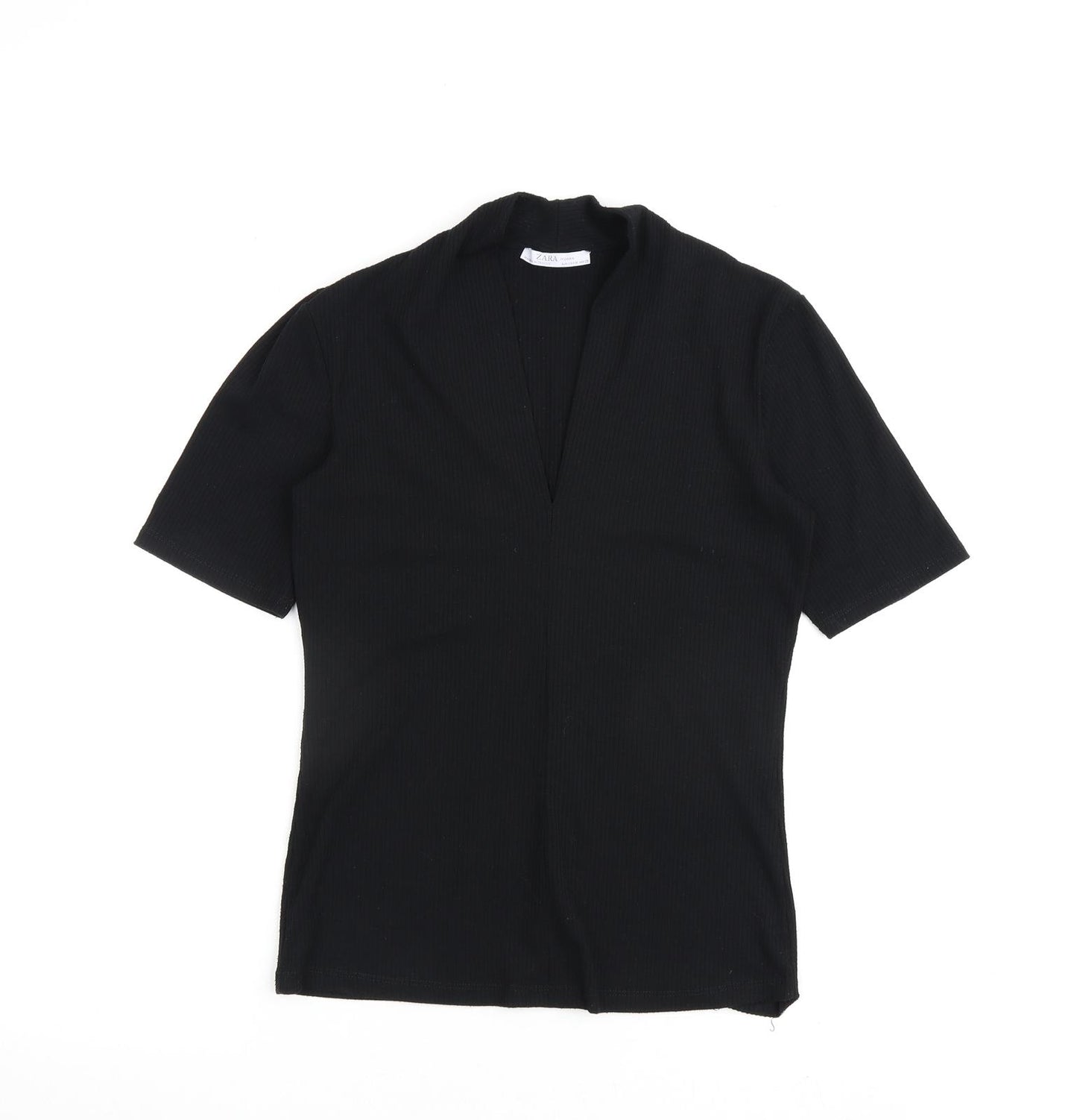 Zara Womens Black Cotton Basic T-Shirt Size M V-Neck