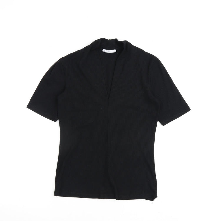Zara Womens Black Cotton Basic T-Shirt Size M V-Neck
