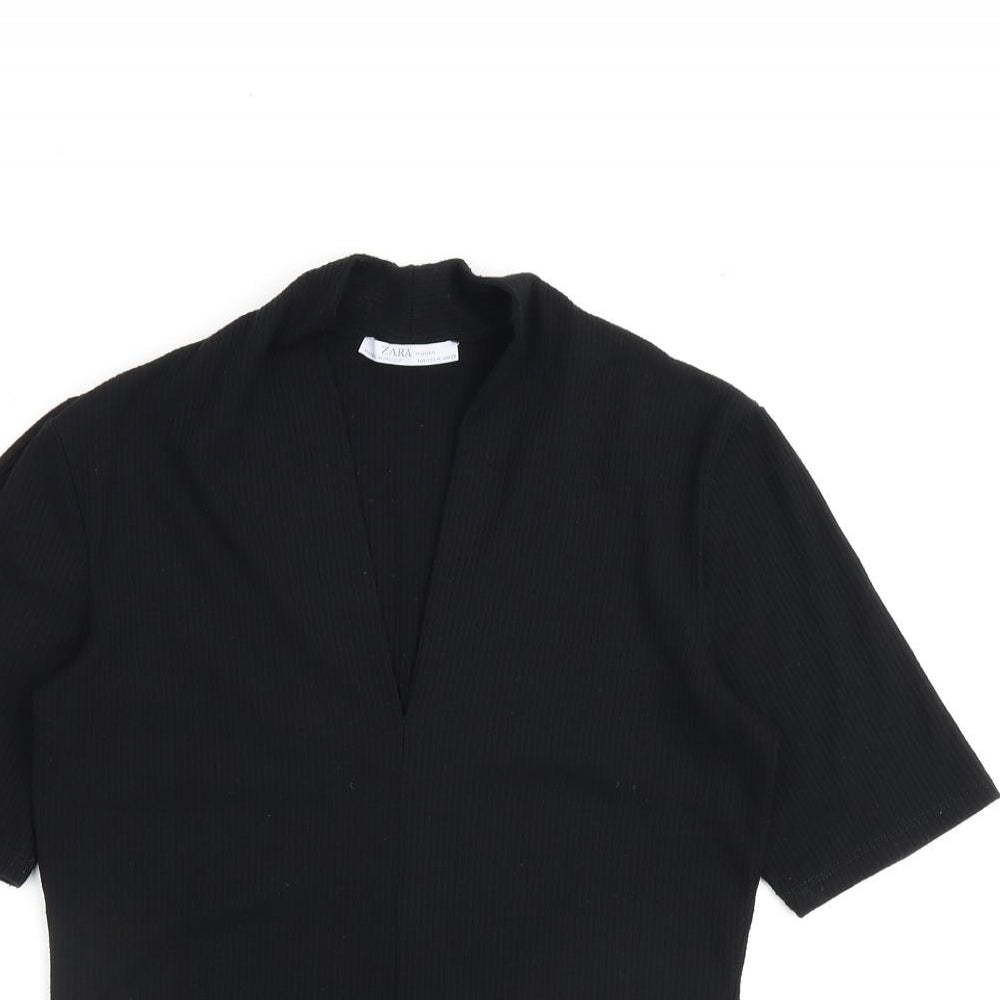 Zara Womens Black Cotton Basic T-Shirt Size M V-Neck