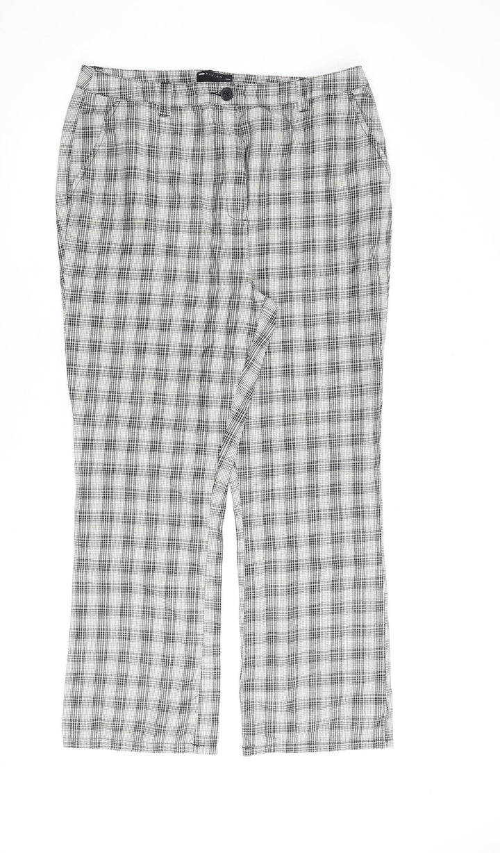 Marks and Spencer Womens Beige Check Cotton Trousers Size 18 L30 in Regular Zip