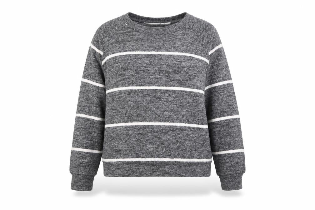 Front view of H&M women’s grey striped viscose pullover sweatshirt, size M, pullover