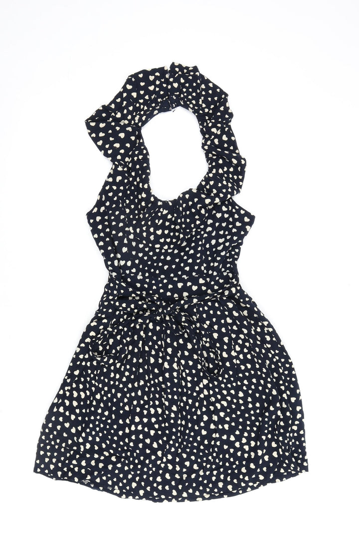 Apricot Womens Blue Geometric Viscose A-Line Size M Halter Button