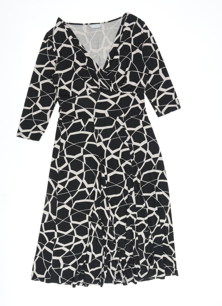 Marks and Spencer Womens Black Geometric Viscose A-Line Size 10 V-Neck Pullover