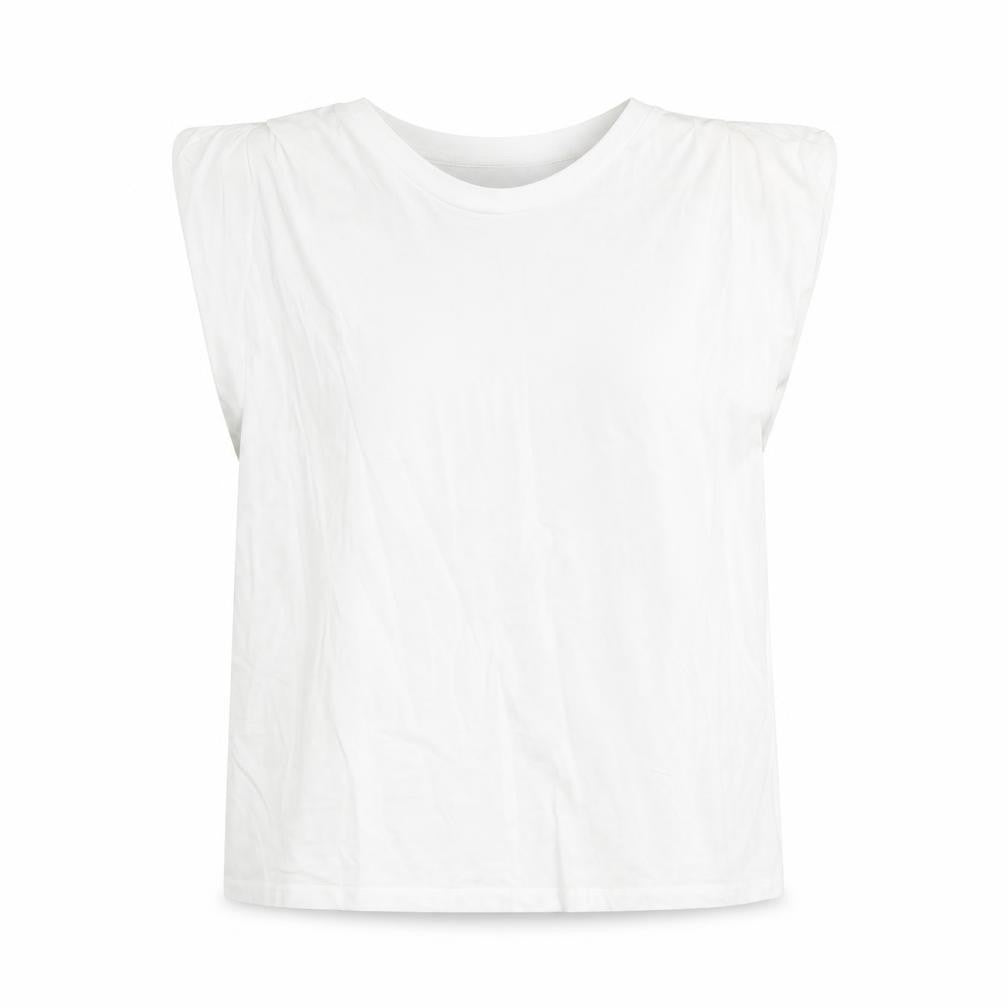Front view of Monki women’s white 100% cotton basic blouse, size XS, round neck