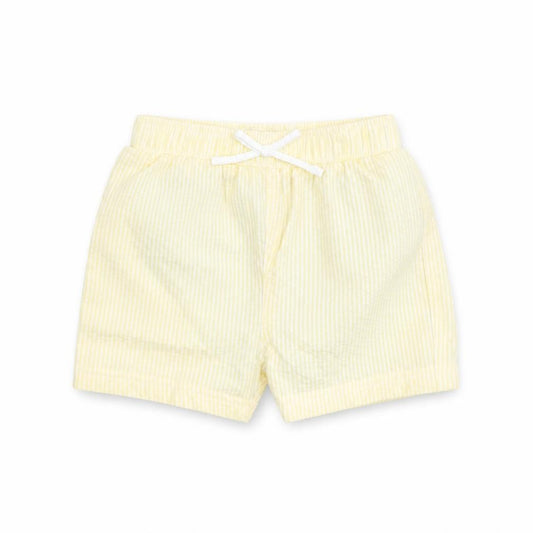 Front view of Marks & Spencer Baby Yellow Striped Cotton Cropped Jeans, size 9-12, Months Drawstring