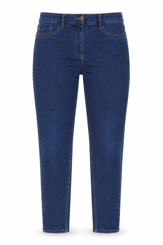 Front view of Next women’s blue cotton skinny jeans, size UK 12, 29-inch leg regular zip