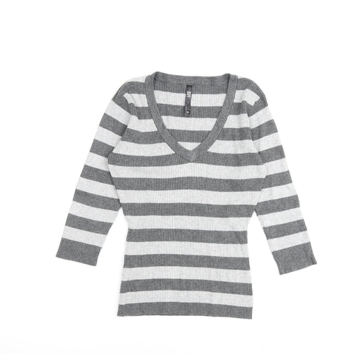 Bay Womens Grey V-Neck Striped Viscose Pullover Jumper Size 10