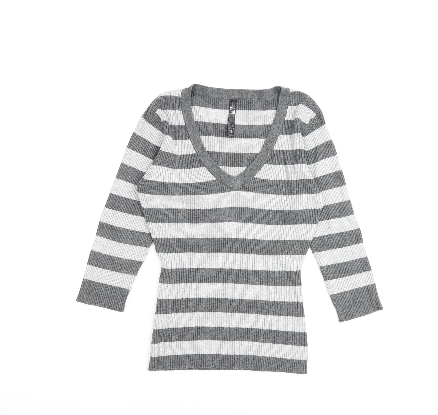 Bay Womens Grey V-Neck Striped Viscose Pullover Jumper Size 10