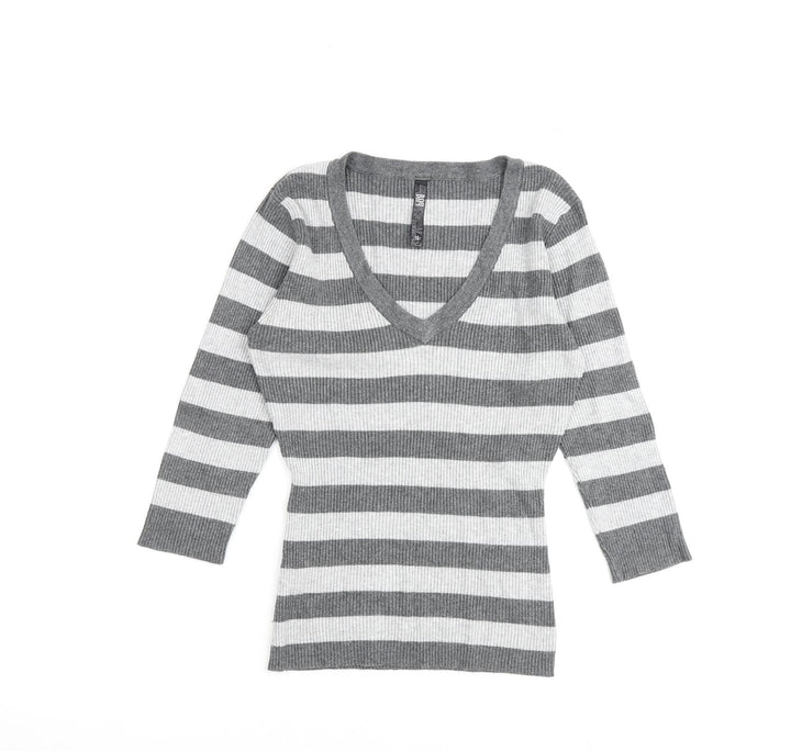 Bay Womens Grey V-Neck Striped Viscose Pullover Jumper Size 10
