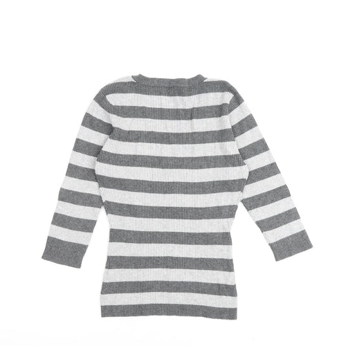 Bay Womens Grey V-Neck Striped Viscose Pullover Jumper Size 10