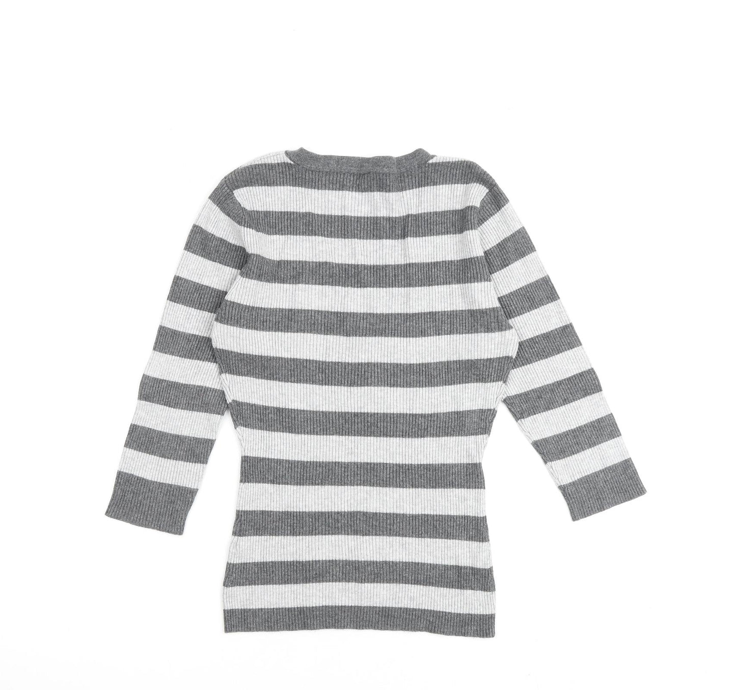 Bay Womens Grey V-Neck Striped Viscose Pullover Jumper Size 10