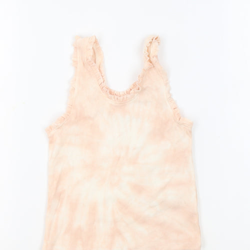 Marks and Spencer Girls Pink Geometric Cotton Basic Tank Size 8-9 Years Round Neck Pullover - Tie Dye Ruffles