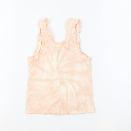Marks and Spencer Girls Pink Geometric Cotton Basic Tank Size 8-9 Years Round Neck Pullover - Tie Dye Ruffles