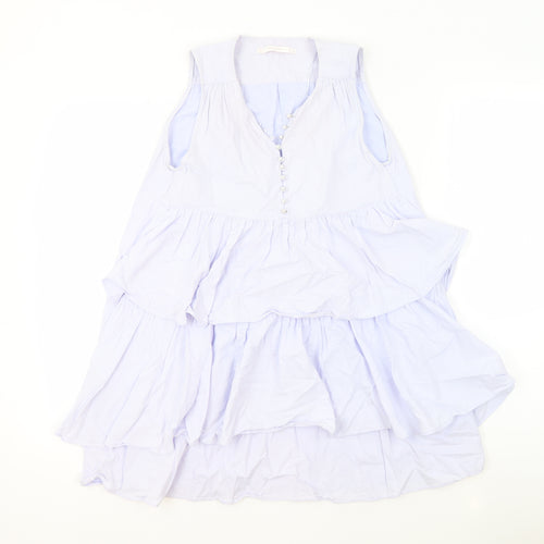 Zara Womens Blue 100% Cotton A-Line Size S V-Neck Button - Ruffles
