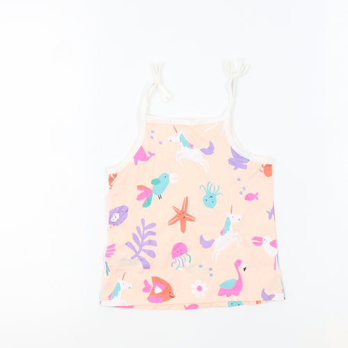 Marks and Spencer Girls Beige Geometric 100% Cotton Basic Tank Size 4-5 Years Square Neck Pullover - Unicorn Crabs Flamingos