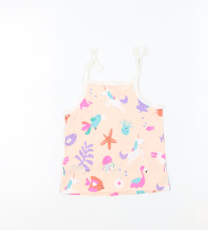 Marks and Spencer Girls Beige Geometric 100% Cotton Basic Tank Size 4-5 Years Square Neck Pullover - Unicorn Crabs Flamingos