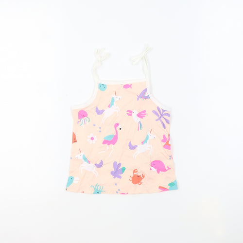 Marks and Spencer Girls Beige Geometric 100% Cotton Basic Tank Size 4-5 Years Square Neck Pullover - Unicorn Crabs Flamingos