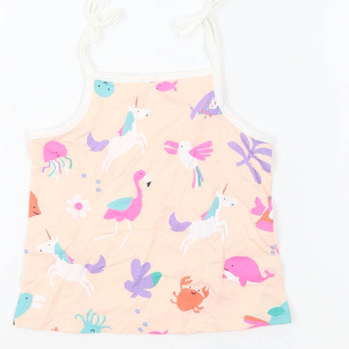 Marks and Spencer Girls Beige Geometric 100% Cotton Basic Tank Size 4-5 Years Square Neck Pullover - Unicorn Crabs Flamingos