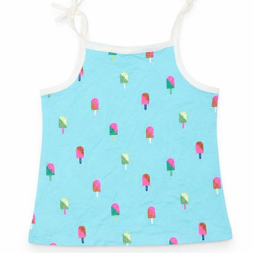 Marks and Spencer Girls Blue Geometric 100% Cotton Basic Tank Size 3-4 Years Square Neck Pullover - Ice Lollies