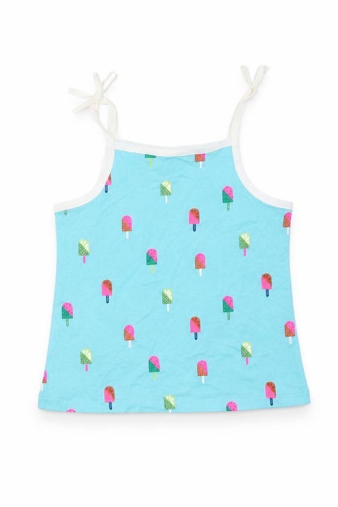 Marks and Spencer Girls Blue Geometric 100% Cotton Basic Tank Size 3-4 Years Square Neck Pullover - Ice Lollies