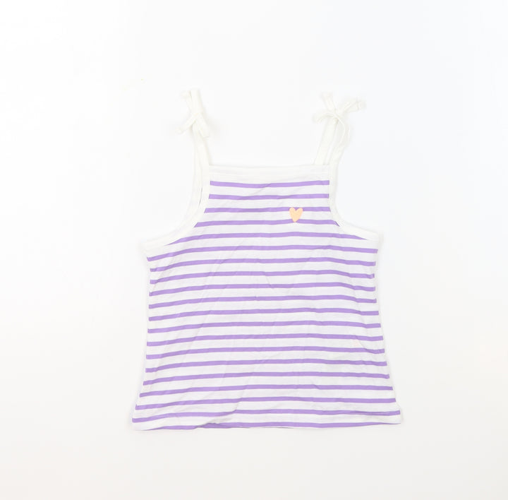 Marks and Spencer Girls White Striped 100% Cotton Basic Tank Size 2-3 Years Square Neck Pullover - Embroidered Heart