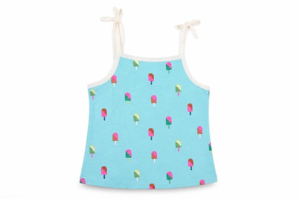 Marks and Spencer Girls Blue Geometric 100% Cotton Basic Tank Size 2-3 Years Square Neck Pullover - Ice Lollies