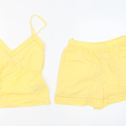 Marks and Spencer Womens Yellow Solid 100% Cotton Top Pyjama Set Size 8 - Adjustable Straps Lace Details Waist Size 28Inch