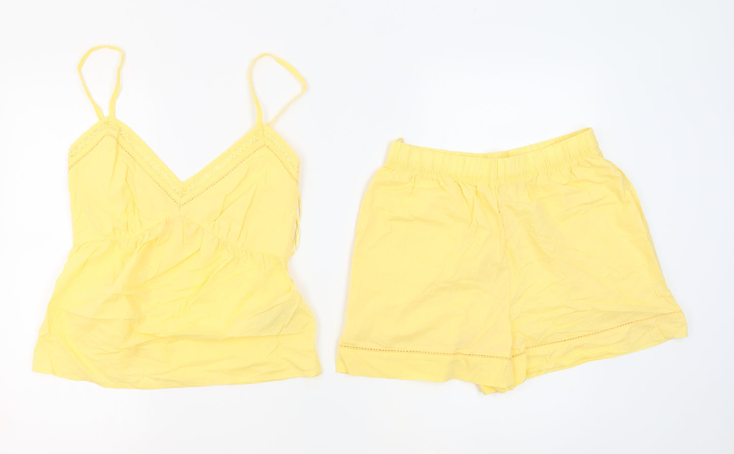 Marks and Spencer Womens Yellow Solid 100% Cotton Top Pyjama Set Size 8 - Adjustable Straps Lace Details Waist Size 28Inch