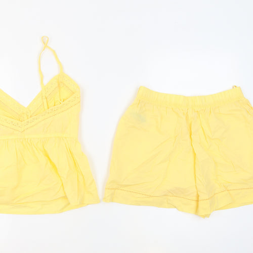 Marks and Spencer Womens Yellow Solid 100% Cotton Top Pyjama Set Size 8 - Adjustable Straps Lace Details Waist Size 28Inch