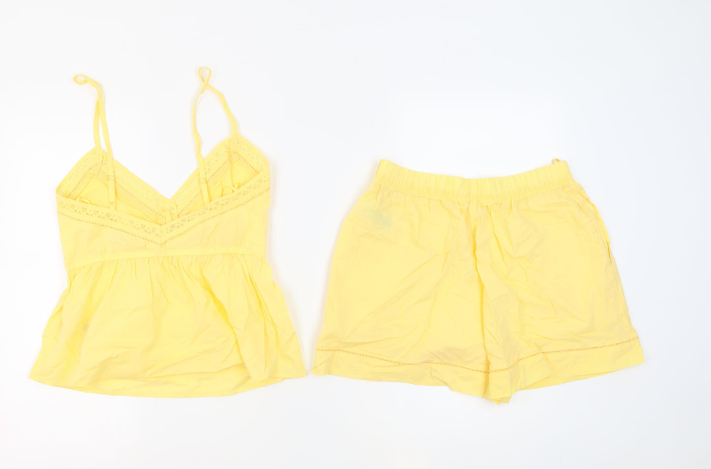 Marks and Spencer Womens Yellow Solid 100% Cotton Top Pyjama Set Size 8 - Adjustable Straps Lace Details Waist Size 28Inch