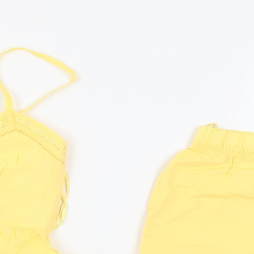 Marks and Spencer Womens Yellow Solid 100% Cotton Top Pyjama Set Size 8 - Adjustable Straps Lace Details Waist Size 28Inch
