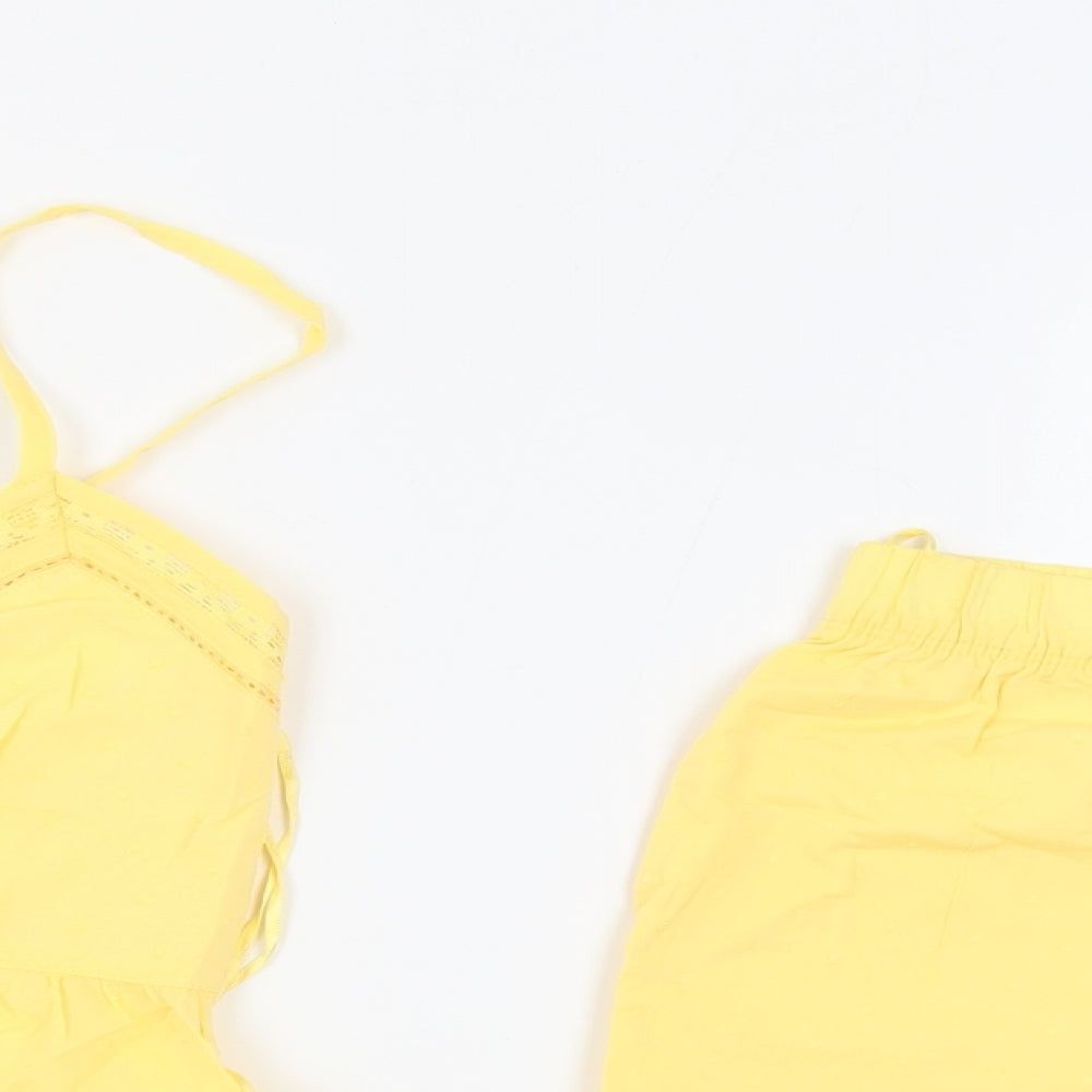 Marks and Spencer Womens Yellow Solid 100% Cotton Top Pyjama Set Size 8 - Adjustable Straps Lace Details Waist Size 28Inch